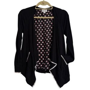 ELLE Womens Black Polka Dot Mixed Media Open Front Draped Cardigan Sweater Med